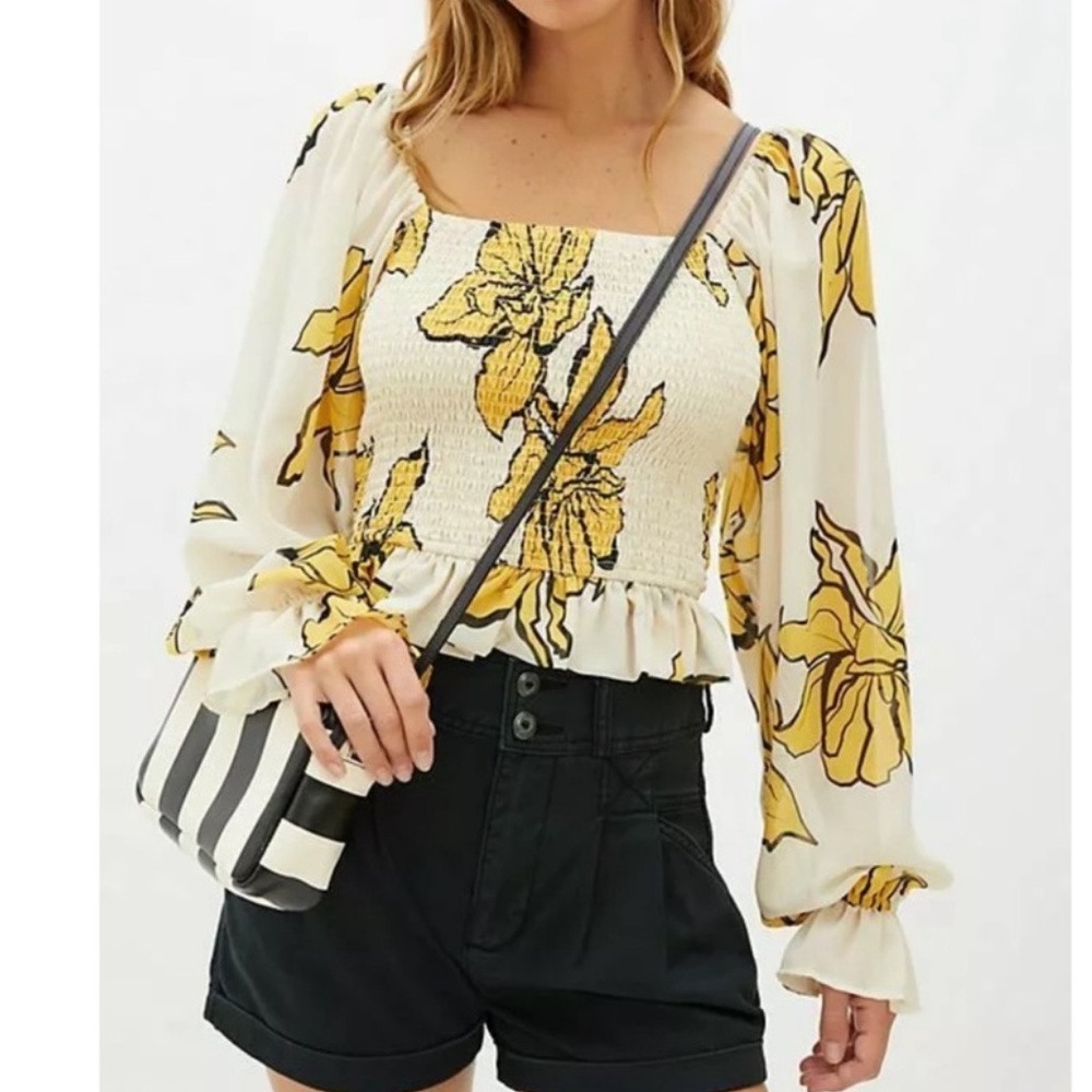 Anthropologie Floral Puff-Sleeved Blouse Hutch Yellow Motif